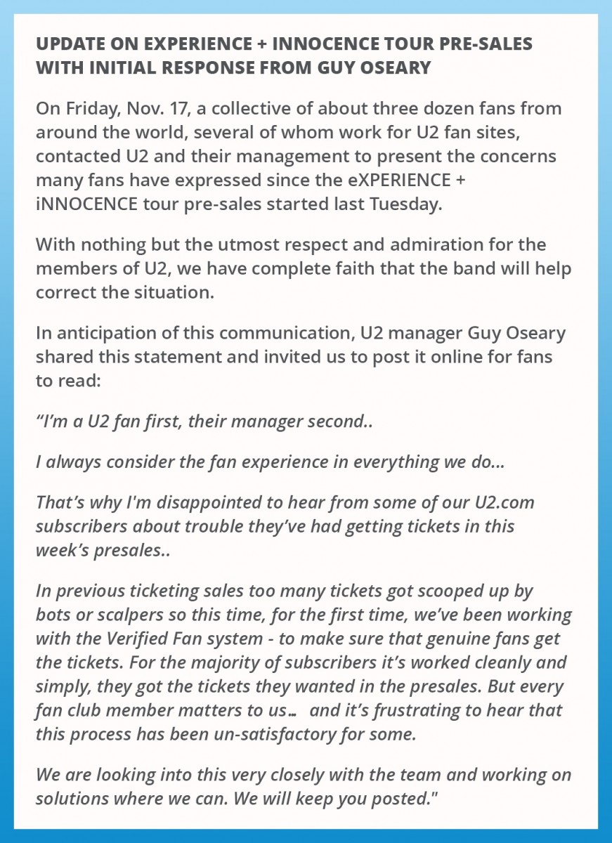 Communiqué concernant les préventes pour le #U2eiTour et réponse initiale de Guy Oseary.
